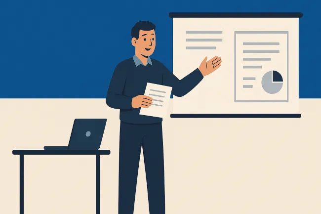 Ilustracja w stylu flat design przedstawia mężczyznę w ciemnym swetrze i jasnej koszuli, stojącego obok ekranu projekcyjnego. W jednej ręce trzyma kartkę, drugą wskazuje na ekran z wykresami i tekstem. Obok stoi stolik z laptopem. Tło jest podzielone na górną część w kolorze granatowym i dolną w jasnym beżu.